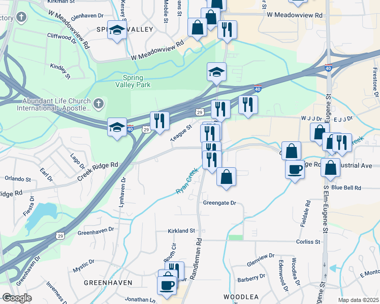 map of restaurants, bars, coffee shops, grocery stores, and more near 503 Creek Ridge Road in Greensboro