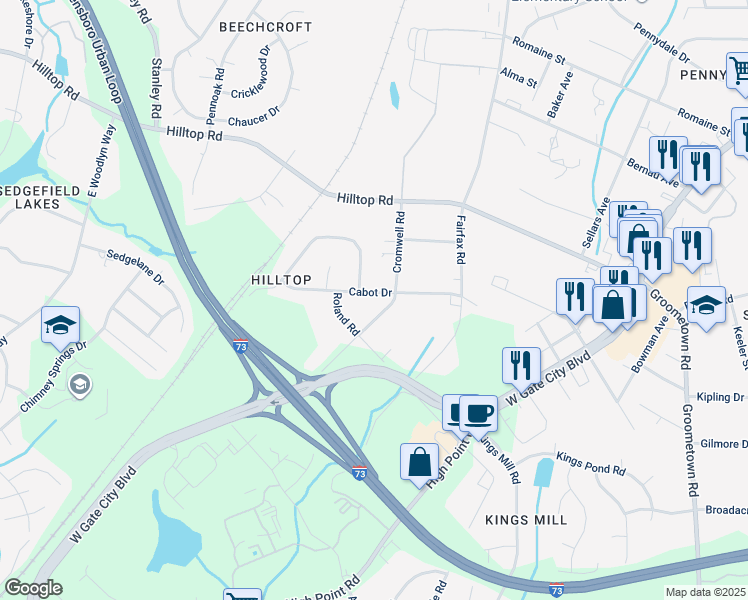 map of restaurants, bars, coffee shops, grocery stores, and more near 4503 Cabot Drive in Greensboro