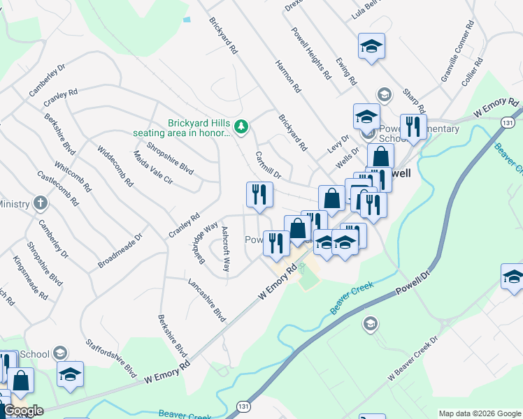 map of restaurants, bars, coffee shops, grocery stores, and more near 7800 Branford Court in Powell