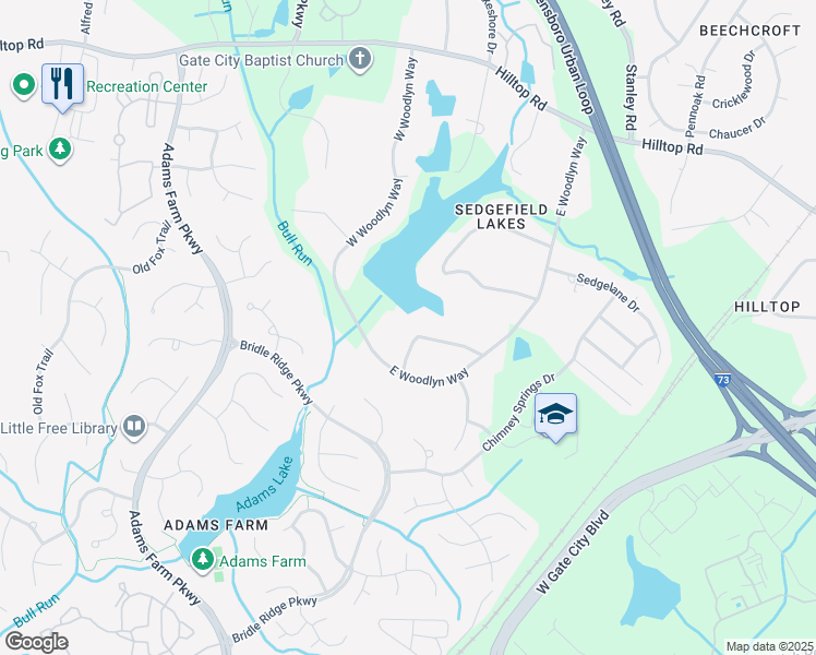 map of restaurants, bars, coffee shops, grocery stores, and more near 5012 Shadygrove Lane in Greensboro