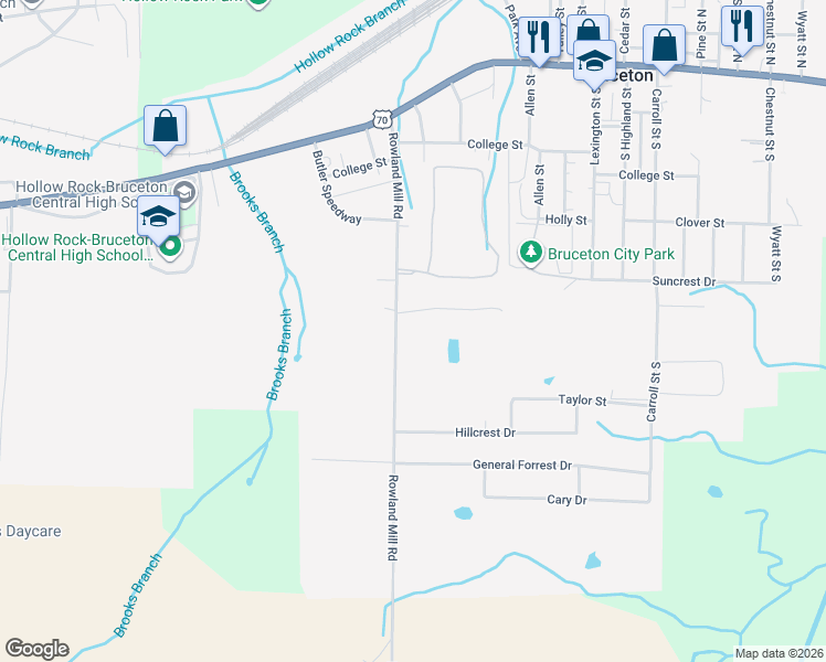map of restaurants, bars, coffee shops, grocery stores, and more near 427 Rowland Mill Road in Bruceton