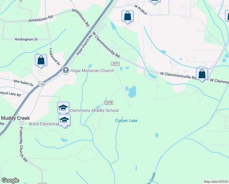 map of restaurants, bars, coffee shops, grocery stores, and more near Woodard Road in Winston-Salem