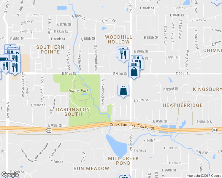 map of restaurants, bars, coffee shops, grocery stores, and more near 9205 South Maplewood Avenue in Tulsa