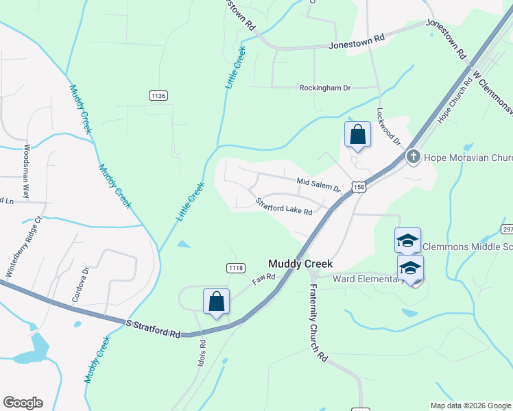 map of restaurants, bars, coffee shops, grocery stores, and more near 2506 Stratford Crossing Drive in Winston-Salem