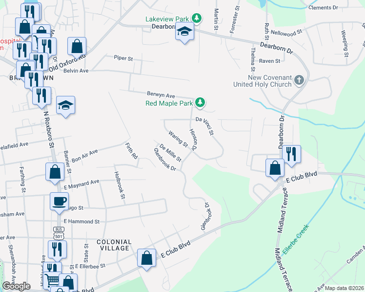 map of restaurants, bars, coffee shops, grocery stores, and more near 832 Waring Street in Durham