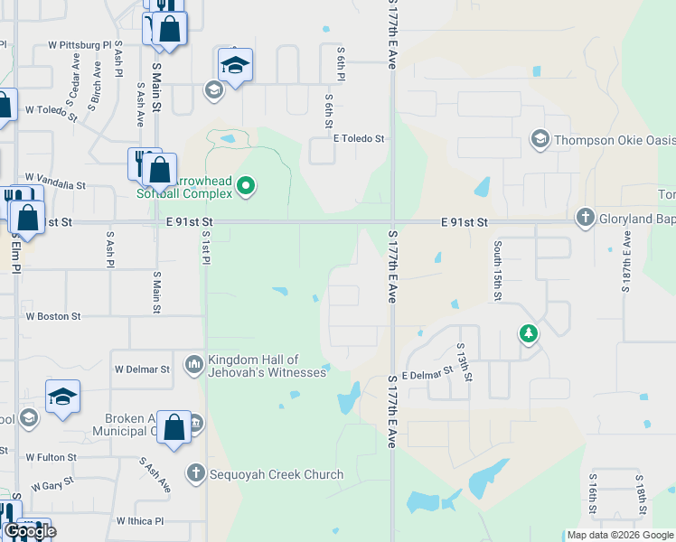 map of restaurants, bars, coffee shops, grocery stores, and more near 2509 South 6th Street in Broken Arrow