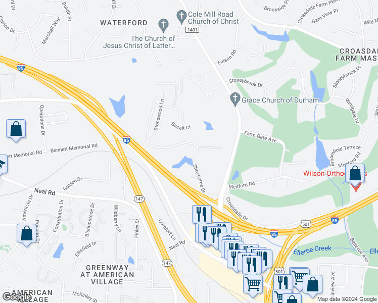 map of restaurants, bars, coffee shops, grocery stores, and more near 3837 Shoccoree Drive in Durham