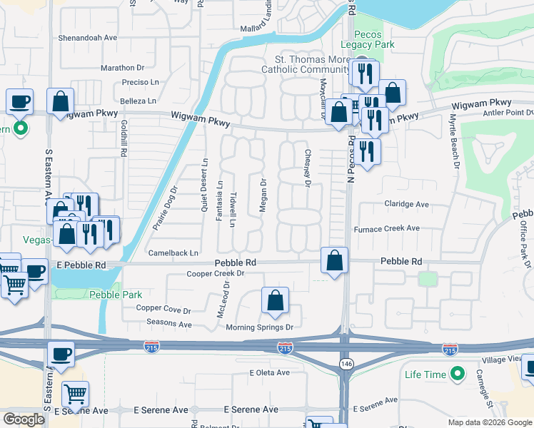 map of restaurants, bars, coffee shops, grocery stores, and more near 42 Megan Drive in Henderson