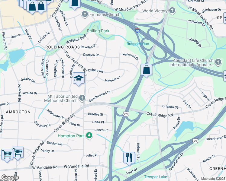 map of restaurants, bars, coffee shops, grocery stores, and more near 2932 Branderwood Dr in Greensboro