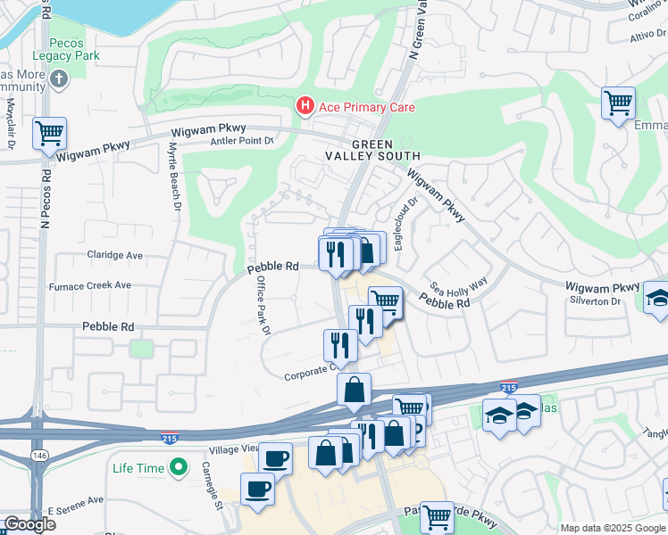 map of restaurants, bars, coffee shops, grocery stores, and more near North Green Valley Parkway & Pebble Road in Henderson