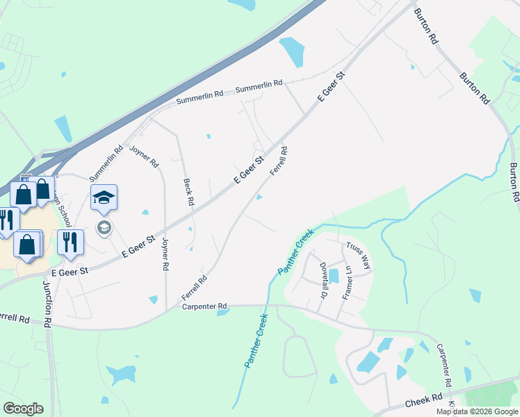 map of restaurants, bars, coffee shops, grocery stores, and more near 2628 Ferrell Road in Durham