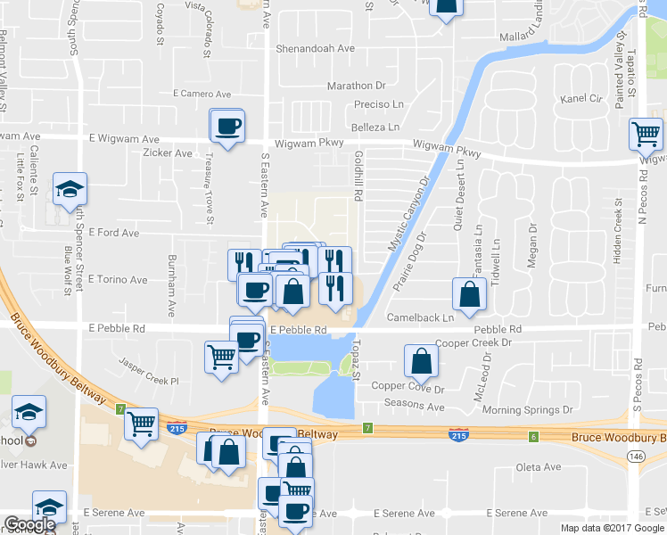 map of restaurants, bars, coffee shops, grocery stores, and more near 8766 Crossbill Court in Henderson