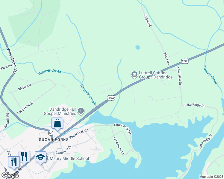 map of restaurants, bars, coffee shops, grocery stores, and more near 712 Riley Road in Dandridge