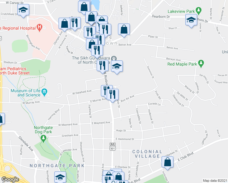 map of restaurants, bars, coffee shops, grocery stores, and more near 3019 Banner Street in Durham