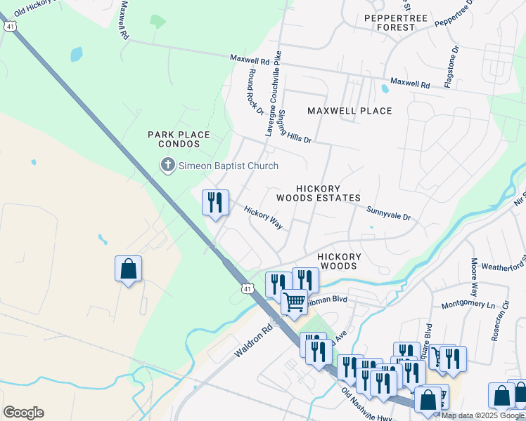 map of restaurants, bars, coffee shops, grocery stores, and more near 5000 Sunshine Drive in Nashville
