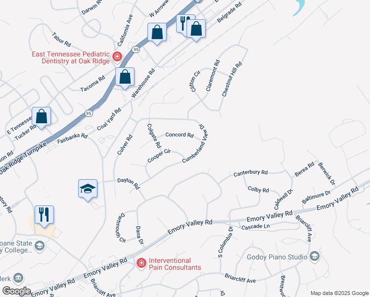 map of restaurants, bars, coffee shops, grocery stores, and more near 123 Cooper Circle in Oak Ridge