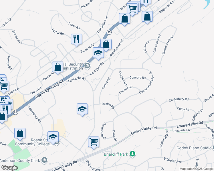 map of restaurants, bars, coffee shops, grocery stores, and more near 116 Culver Road in Oak Ridge
