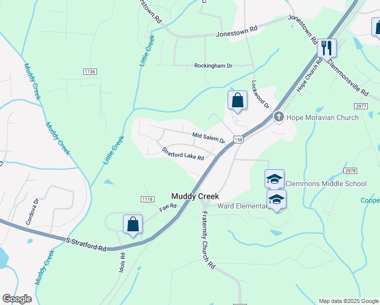 map of restaurants, bars, coffee shops, grocery stores, and more near 2447 Stratford Lake Road in Winston-Salem