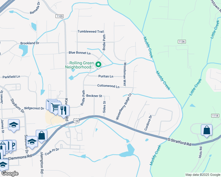 map of restaurants, bars, coffee shops, grocery stores, and more near 5920 Cottonwood Lane in Winston-Salem