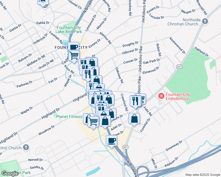 map of restaurants, bars, coffee shops, grocery stores, and more near 108 Lynnview Drive in Knoxville