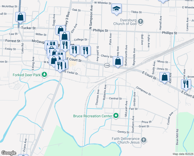 map of restaurants, bars, coffee shops, grocery stores, and more near 531 East Cedar Street in Dyersburg