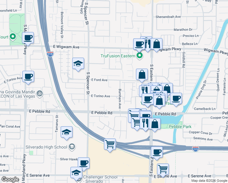 map of restaurants, bars, coffee shops, grocery stores, and more near 2040 East Torino Avenue in Las Vegas