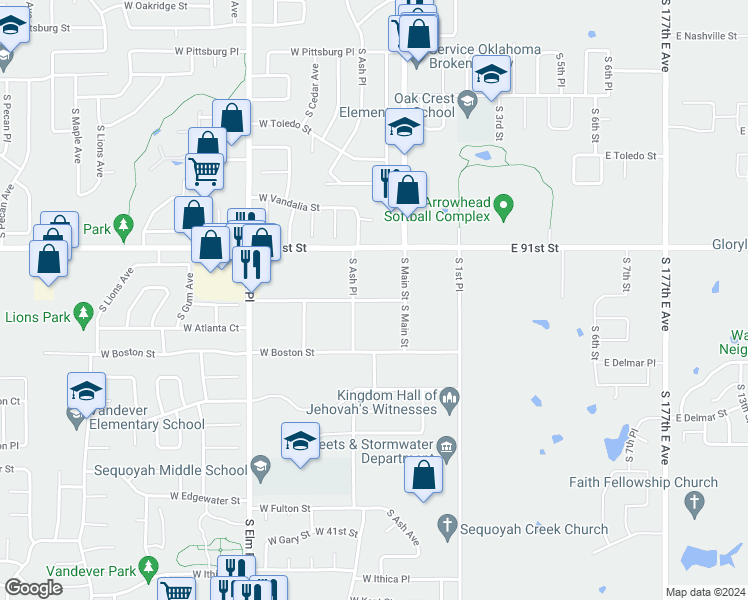 map of restaurants, bars, coffee shops, grocery stores, and more near 106 West Atlanta Street in Broken Arrow
