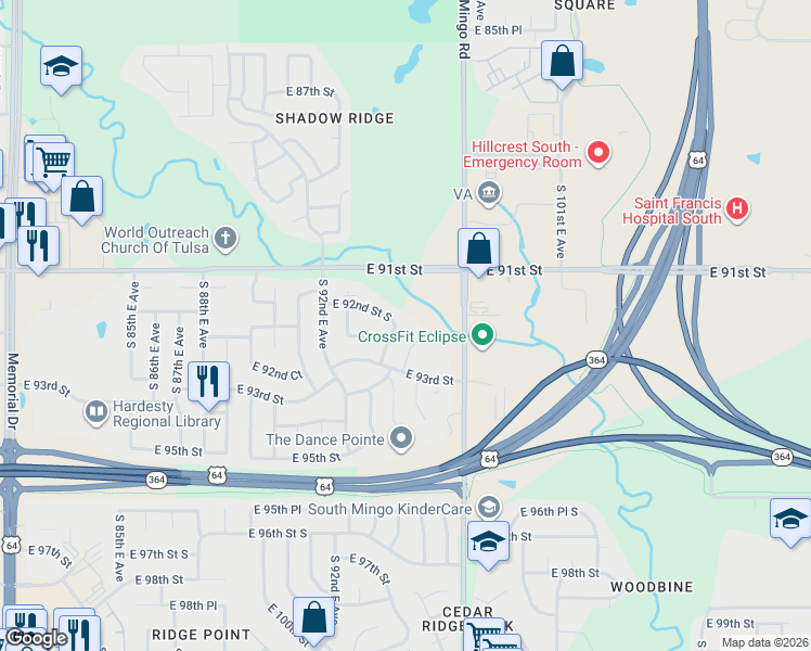 map of restaurants, bars, coffee shops, grocery stores, and more near 9209 South 94th East Avenue in Tulsa