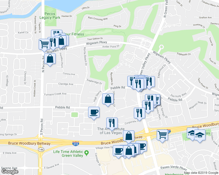 map of restaurants, bars, coffee shops, grocery stores, and more near 2374 Ramsgate Drive in Henderson