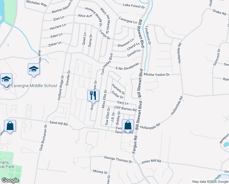 map of restaurants, bars, coffee shops, grocery stores, and more near 1414 Dollar Drive in La Vergne