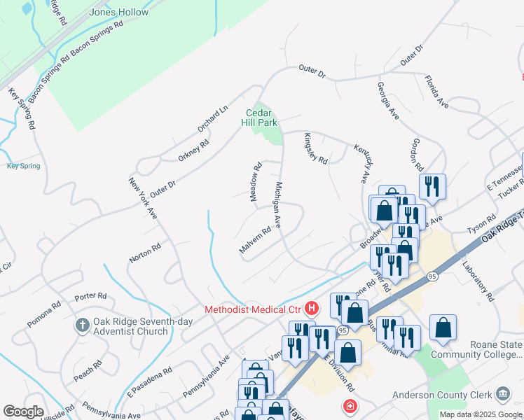 map of restaurants, bars, coffee shops, grocery stores, and more near 105 Maple Lane in Oak Ridge