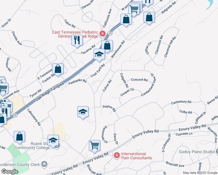 map of restaurants, bars, coffee shops, grocery stores, and more near 116 Culver Road in Oak Ridge