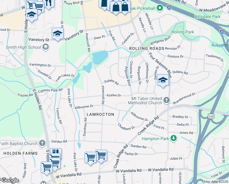map of restaurants, bars, coffee shops, grocery stores, and more near 2722 Azalea Drive in Greensboro