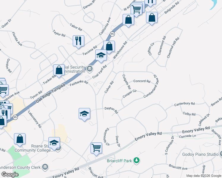 map of restaurants, bars, coffee shops, grocery stores, and more near 116 Culver Road in Oak Ridge