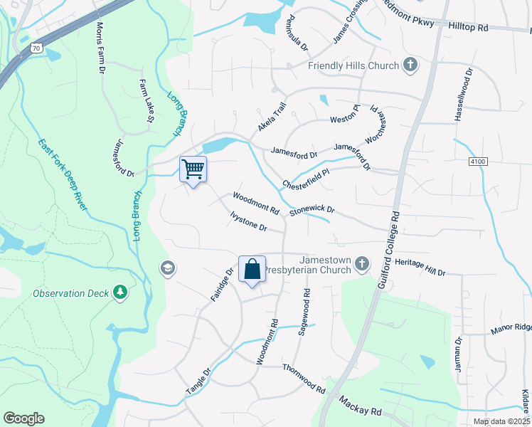 map of restaurants, bars, coffee shops, grocery stores, and more near 6407 Woodmont Road in Jamestown