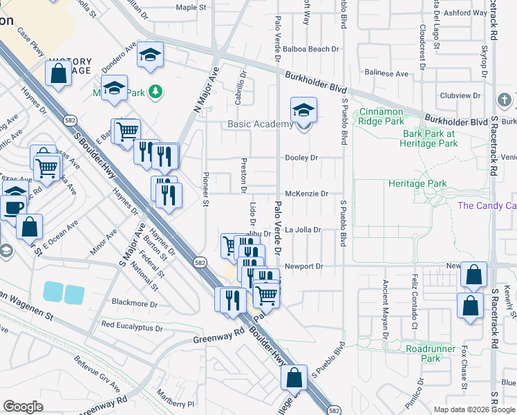 map of restaurants, bars, coffee shops, grocery stores, and more near 260 Lido Drive in Henderson