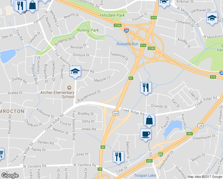 map of restaurants, bars, coffee shops, grocery stores, and more near 2925 Branderwood Drive in Greensboro