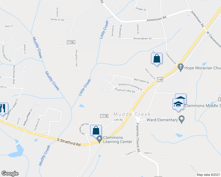 map of restaurants, bars, coffee shops, grocery stores, and more near 2505 Stratford Crossing Drive in Winston-Salem