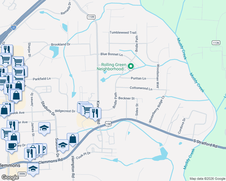 map of restaurants, bars, coffee shops, grocery stores, and more near 4420 Bridle Path in Winston-Salem