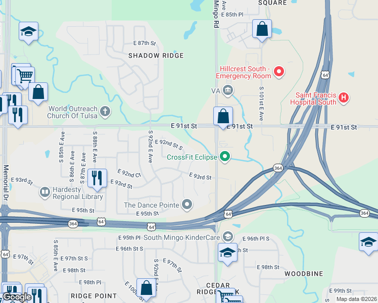 map of restaurants, bars, coffee shops, grocery stores, and more near 9209 South 94th East Avenue in Tulsa
