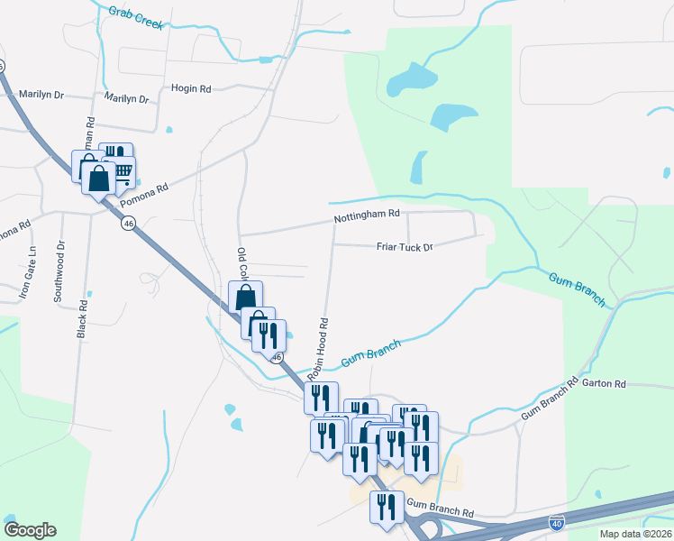 map of restaurants, bars, coffee shops, grocery stores, and more near 128 Robin Hood Road in Dickson