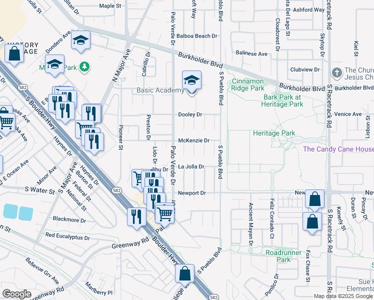 map of restaurants, bars, coffee shops, grocery stores, and more near 260 Village Court in Henderson