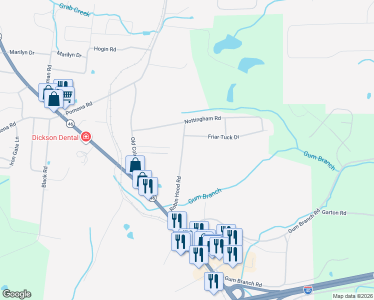 map of restaurants, bars, coffee shops, grocery stores, and more near 128 Robin Hood Rd in Dickson
