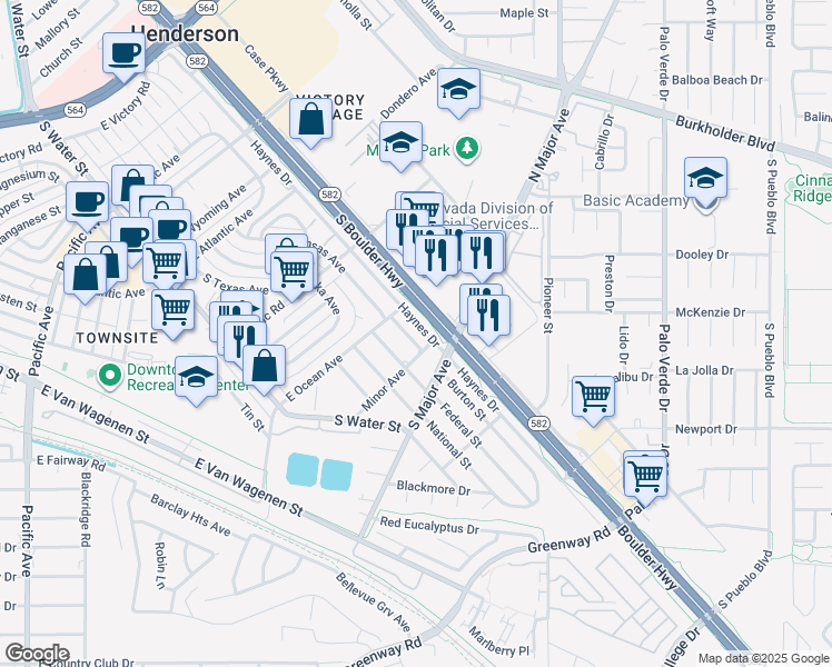 map of restaurants, bars, coffee shops, grocery stores, and more near 425 Burton Street in Henderson