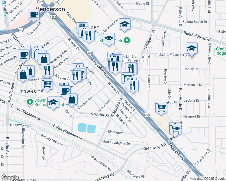 map of restaurants, bars, coffee shops, grocery stores, and more near 425 Burton Street in Henderson