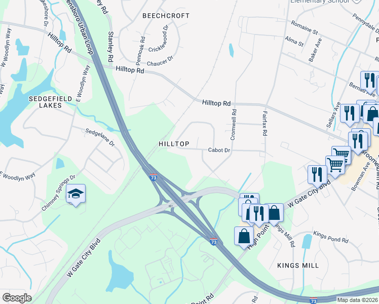 map of restaurants, bars, coffee shops, grocery stores, and more near 4705 Cabot Drive in Greensboro