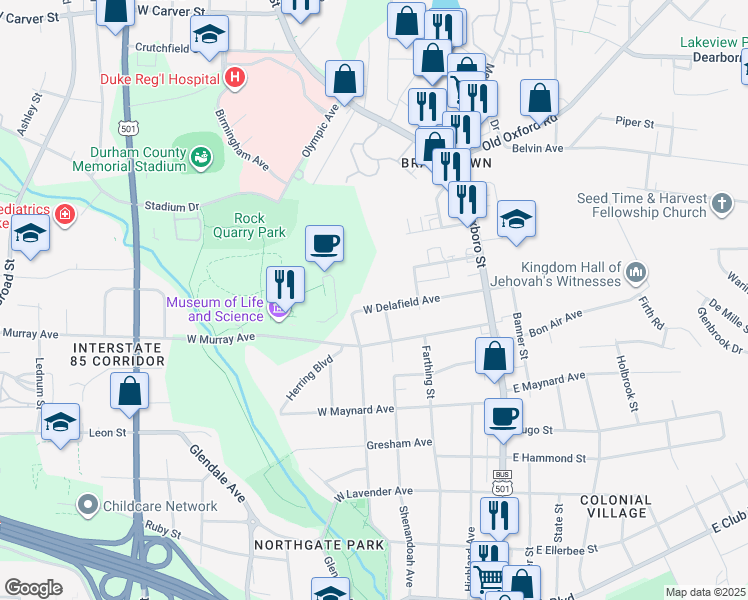 map of restaurants, bars, coffee shops, grocery stores, and more near 304 West Delafield Avenue in Durham