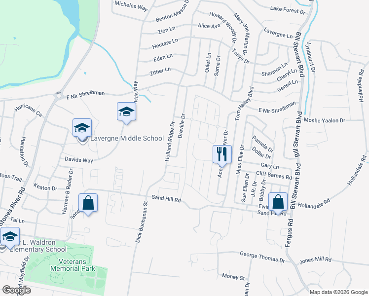 map of restaurants, bars, coffee shops, grocery stores, and more near 117 Dreville Drive in La Vergne