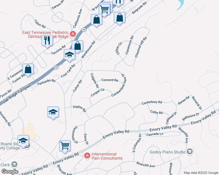 map of restaurants, bars, coffee shops, grocery stores, and more near 123 Cooper Circle in Oak Ridge