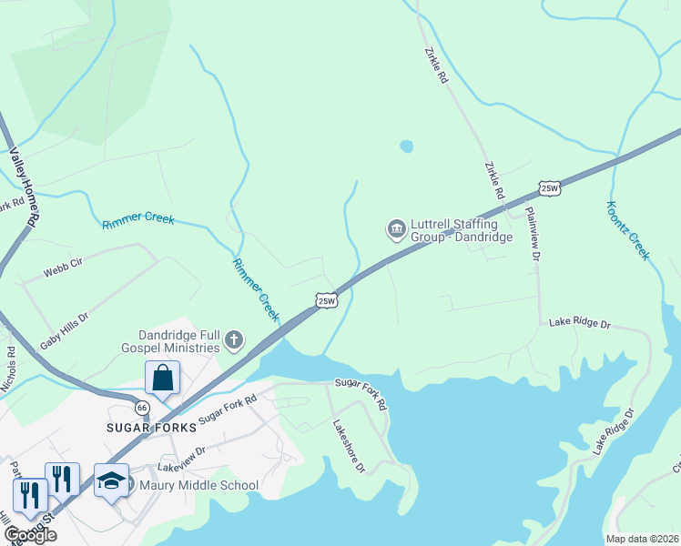 map of restaurants, bars, coffee shops, grocery stores, and more near 712 Riley Rd in Dandridge